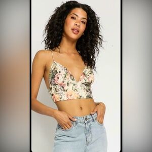 Zara Floral Pink and Green V-Neck Crop Top